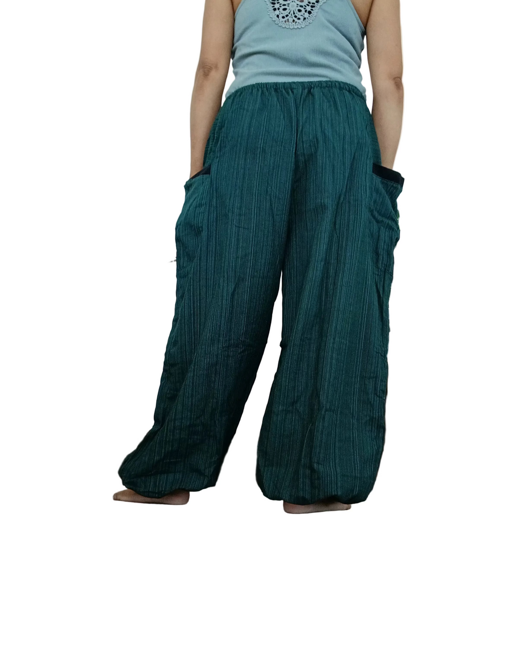 Cotton plain darkgreen baggy relaxed fit harem pants Boho with large side pockets One size fit 8-10-12