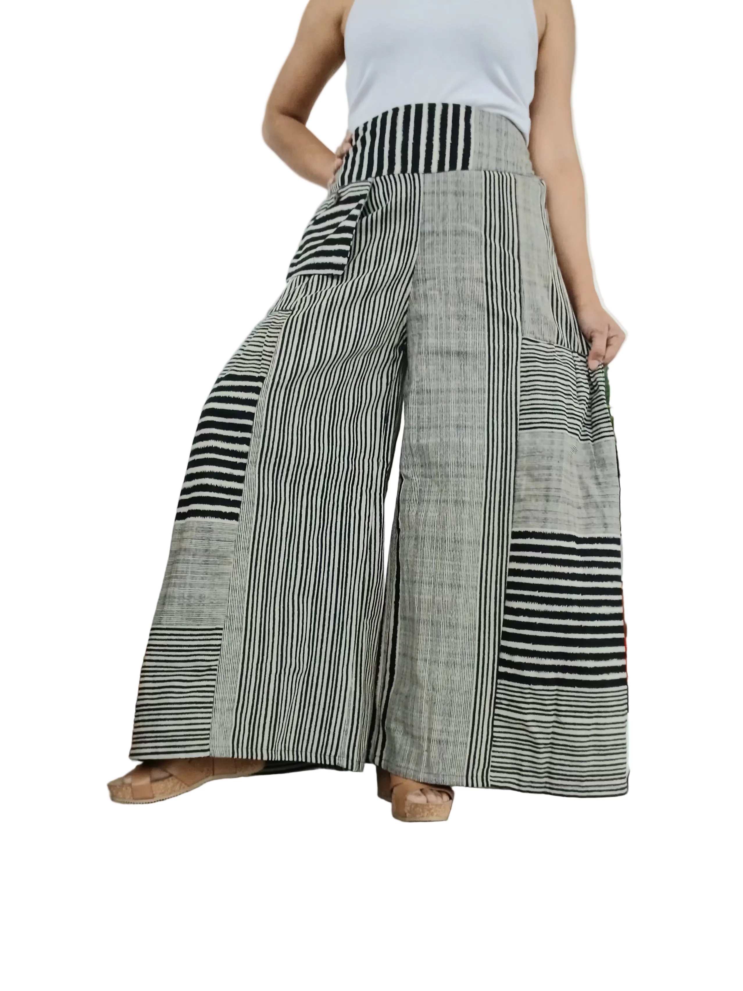 Black and white striped patchwork boho high-waisted trousers wide leg palazzo flowy harem pants One size fits 8-10-12