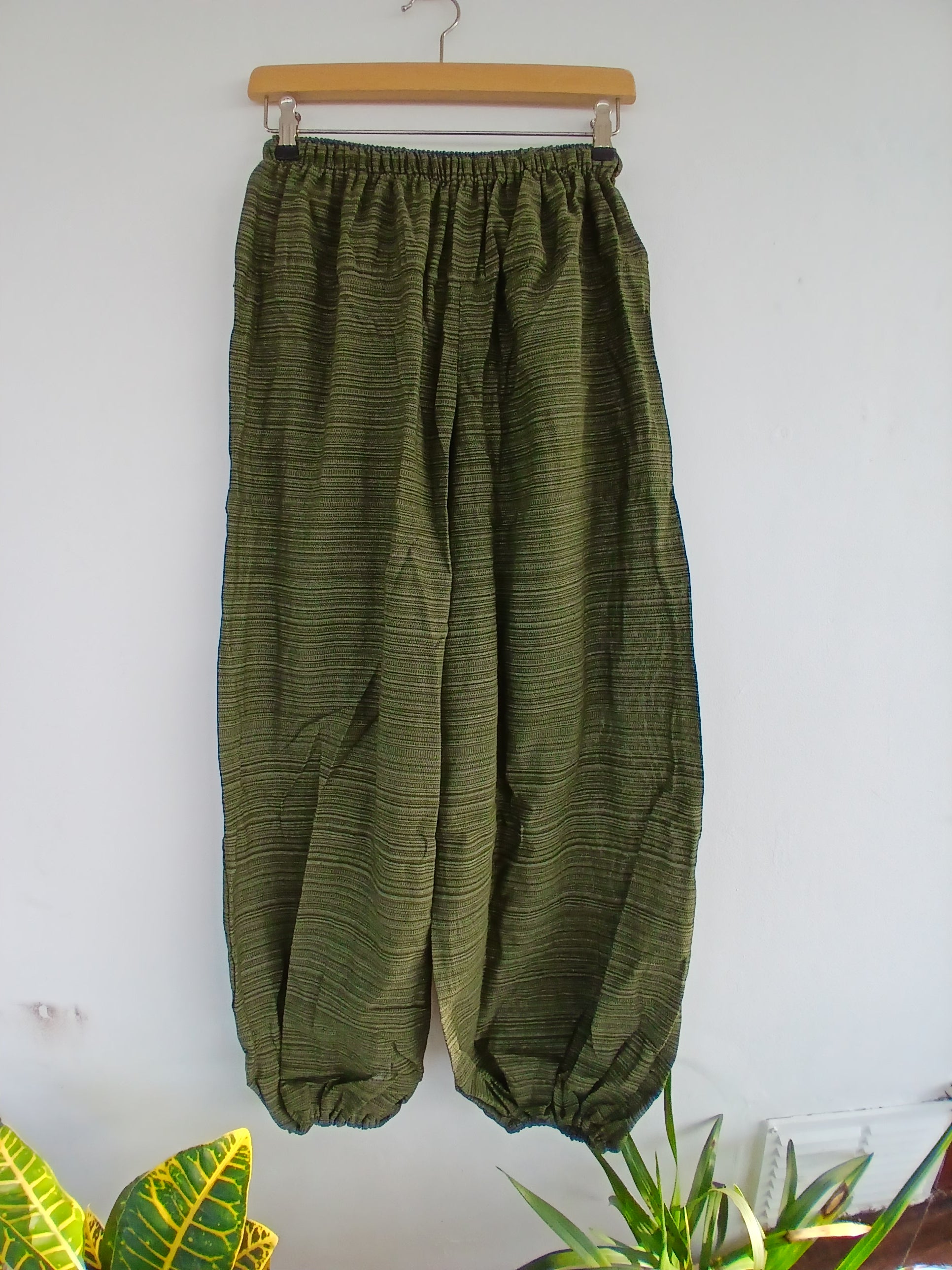 Boho Elasticated Harem Trousers Olive Green cotton woven
