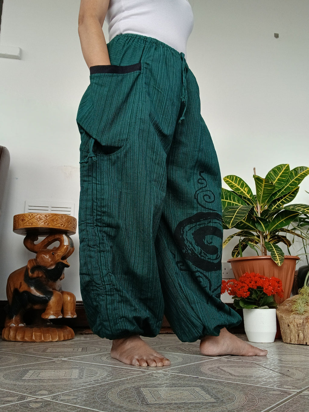 Darkgreen cotton Boho baggy relaxed fit harem pants hippie wide leg loose-fit trousers joggers for unisex