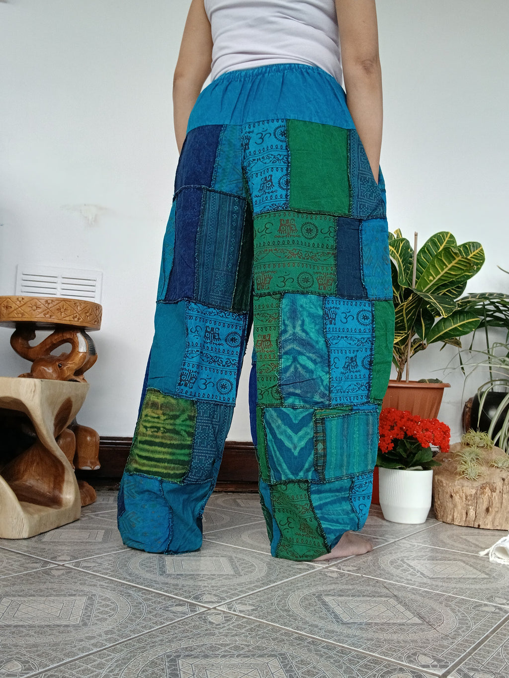 Blue green tones stonewash unique patchwork baggy boho harem pants hippie loose-fit trousers joggers