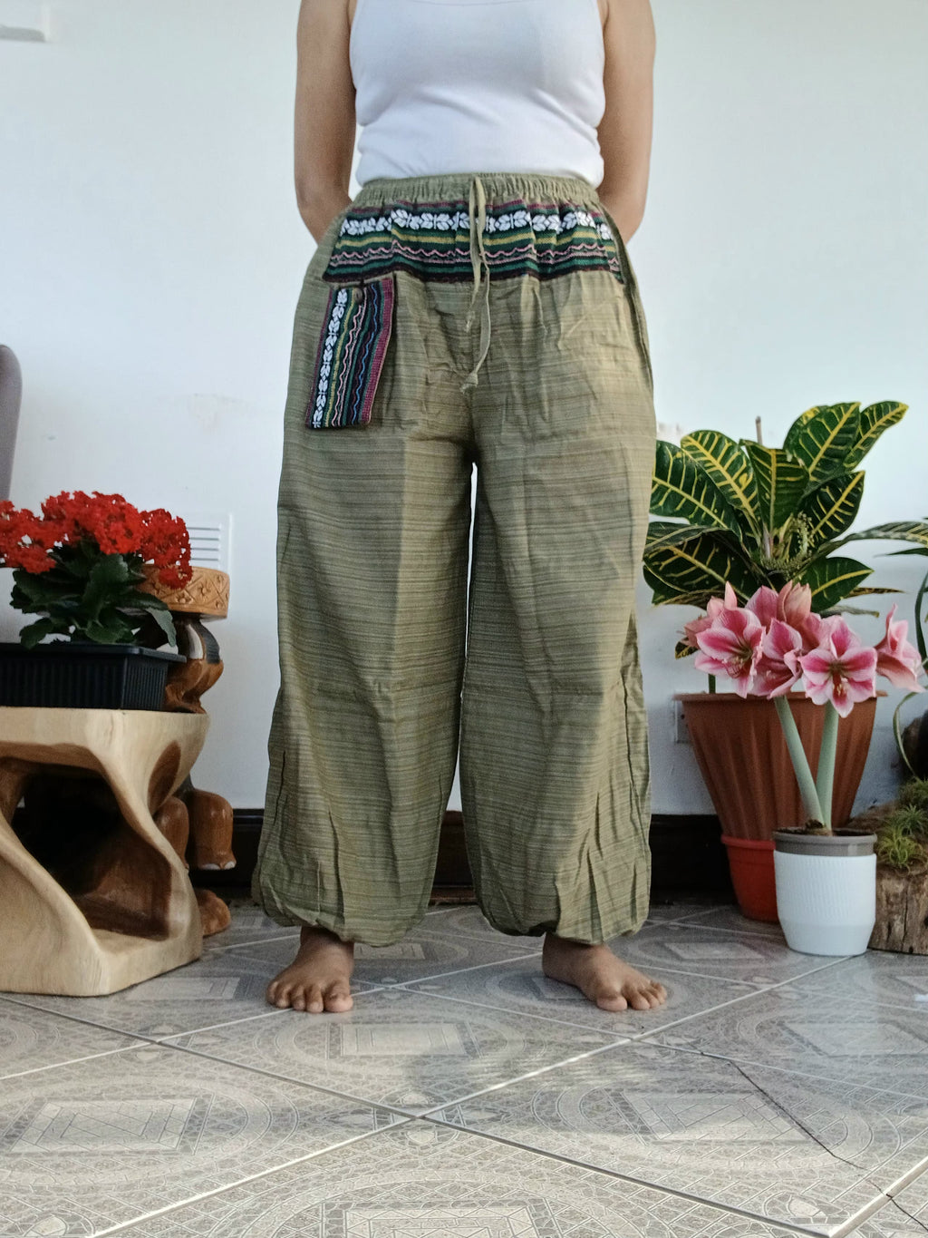Boho Elasticated Harem Trousers Olive Green cotton woven