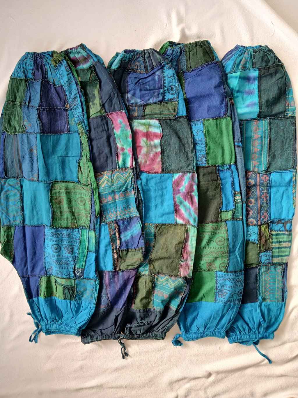 Blue green tones stonewash unique patchwork baggy boho harem pants hippie loose-fit trousers joggers