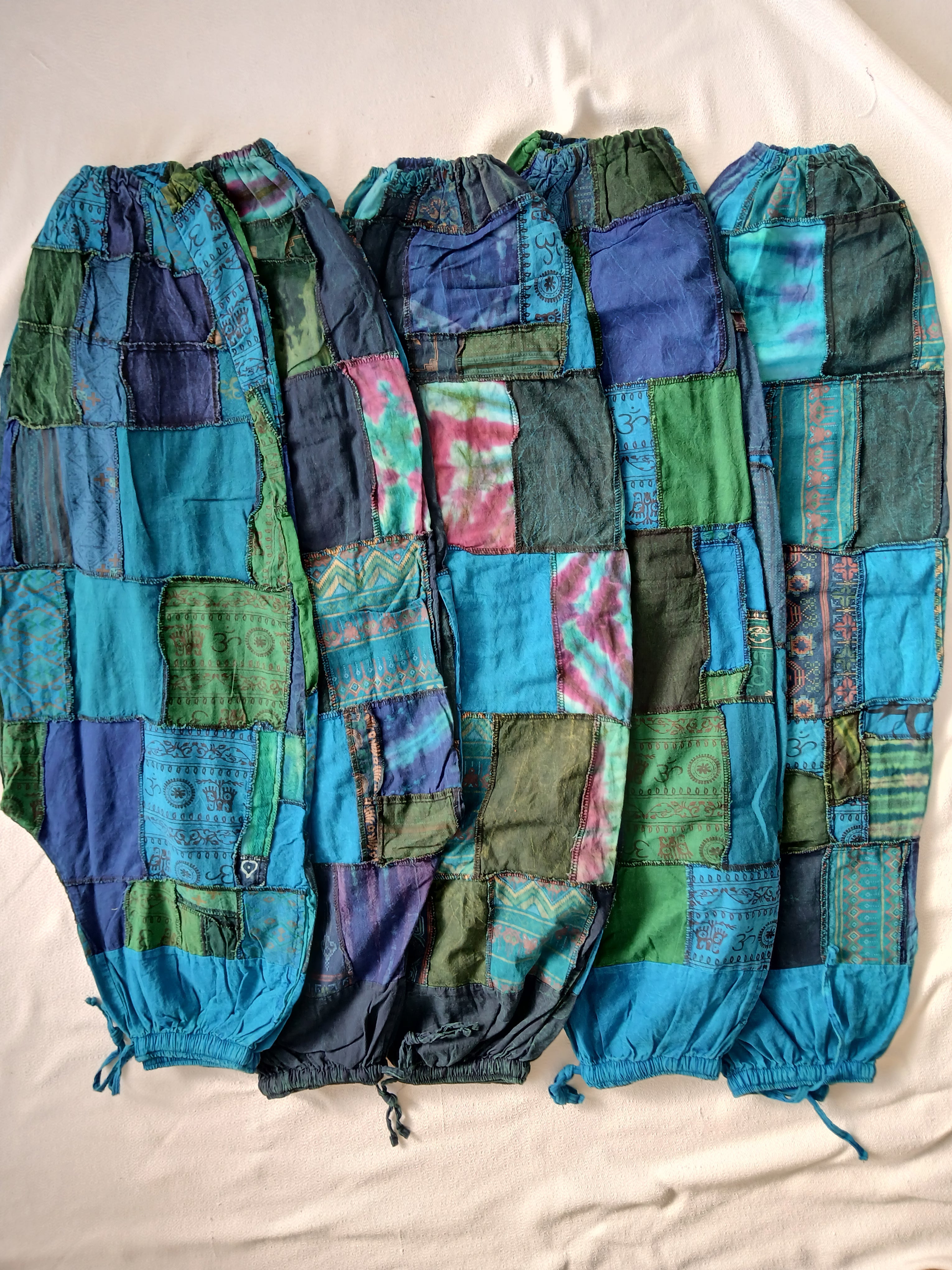 Blue green tones stonewash unique patchwork baggy boho harem pants hippie loose-fit trousers joggers