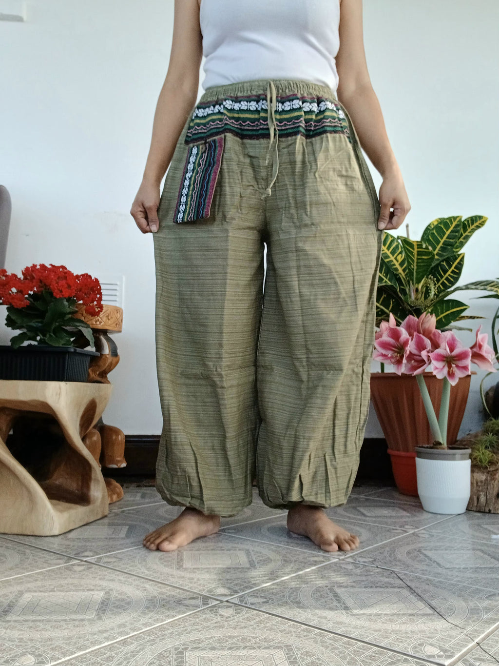 Boho Elasticated Harem Trousers Olive Green cotton woven