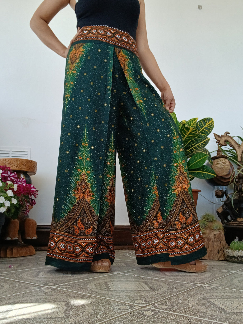 Darkgreen Boho High-Waisted wrap-around style harem pants One size fits 8-10-12