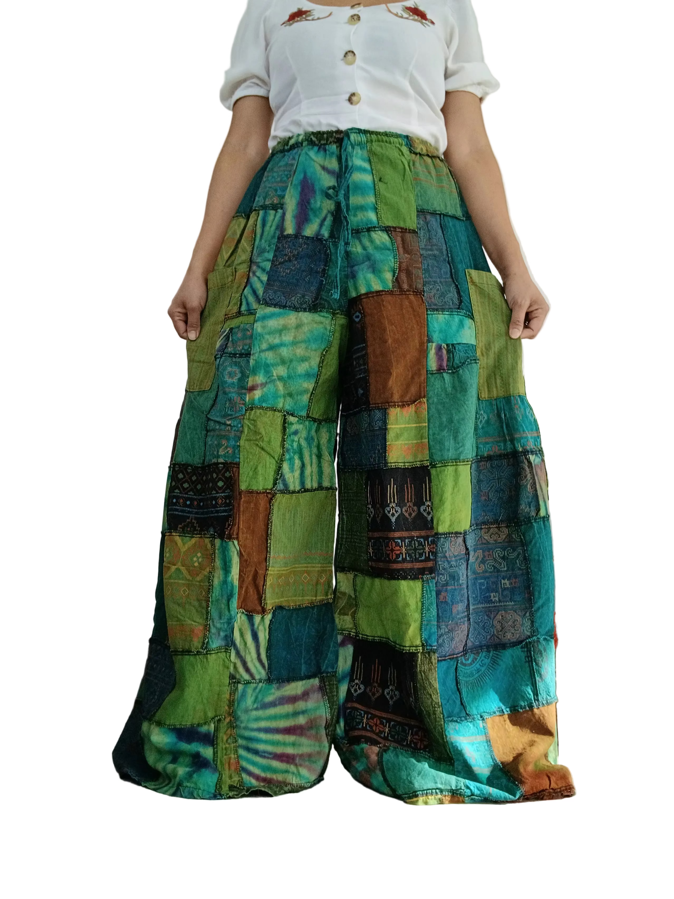 Green Earthy patchwork wide leg Boho Palazzo Harem Pants baggy hippie trousers fit 8-12