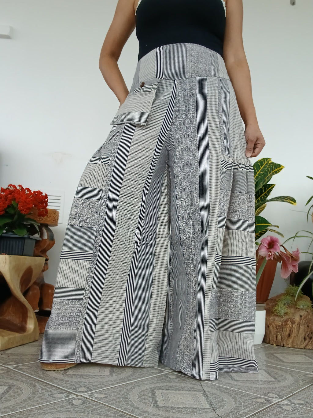 Cotton Cream patchwork Boho Wide-Leg Palazzo elegant Pants baggy hippie Harem Trousers one size fits 8-10-12
