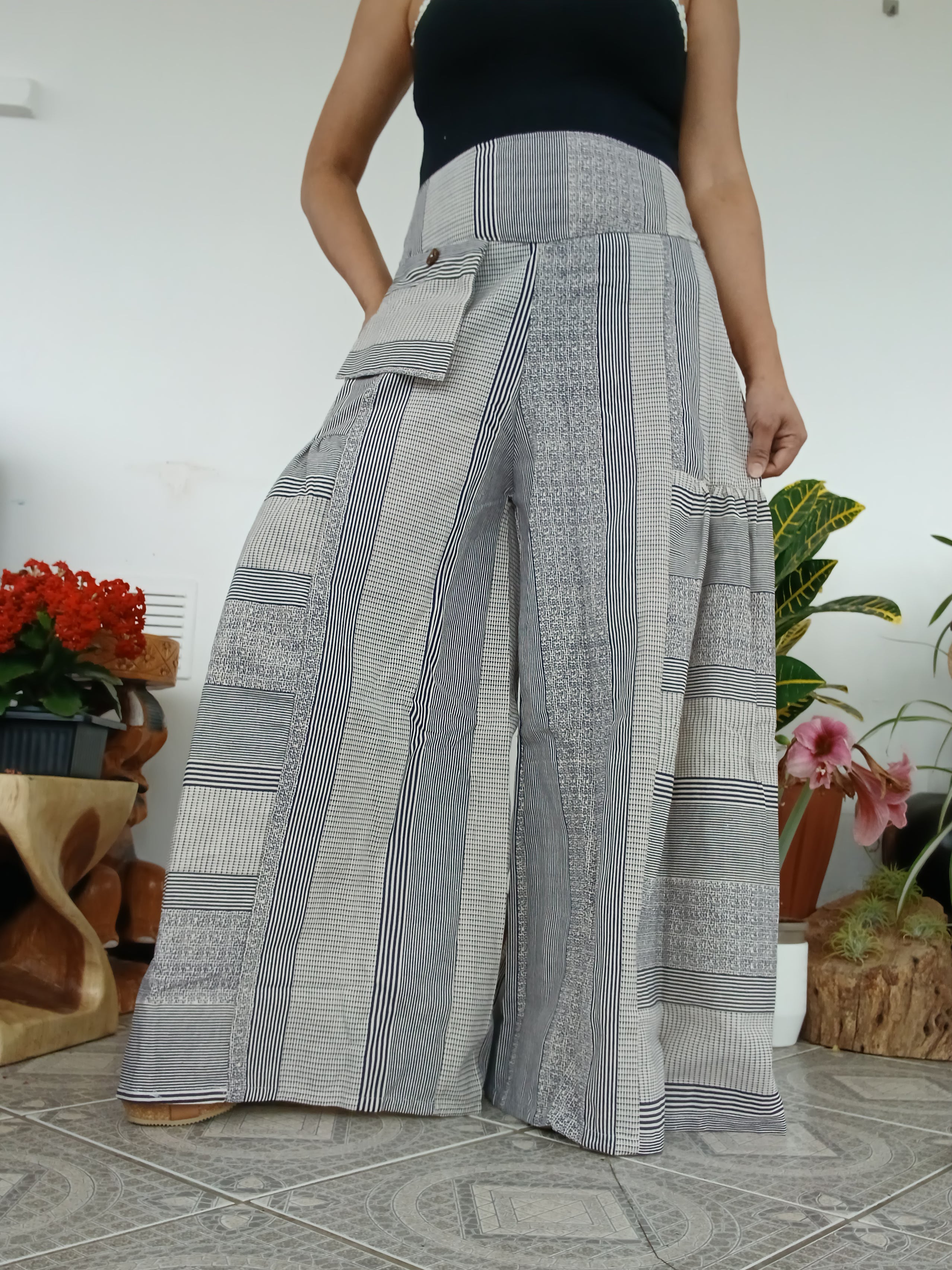 Cotton Cream patchwork Boho Wide-Leg Palazzo elegant Pants baggy hippie Harem Trousers one size fits 8-10-12