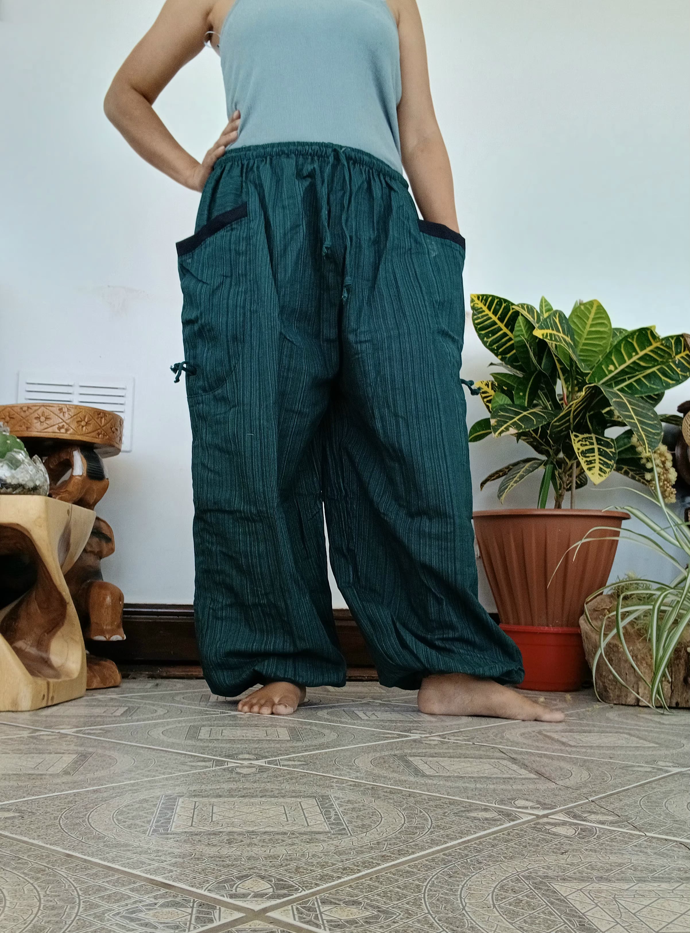 Cotton plain darkgreen baggy relaxed fit harem pants Boho with large side pockets One size fit 8-10-12