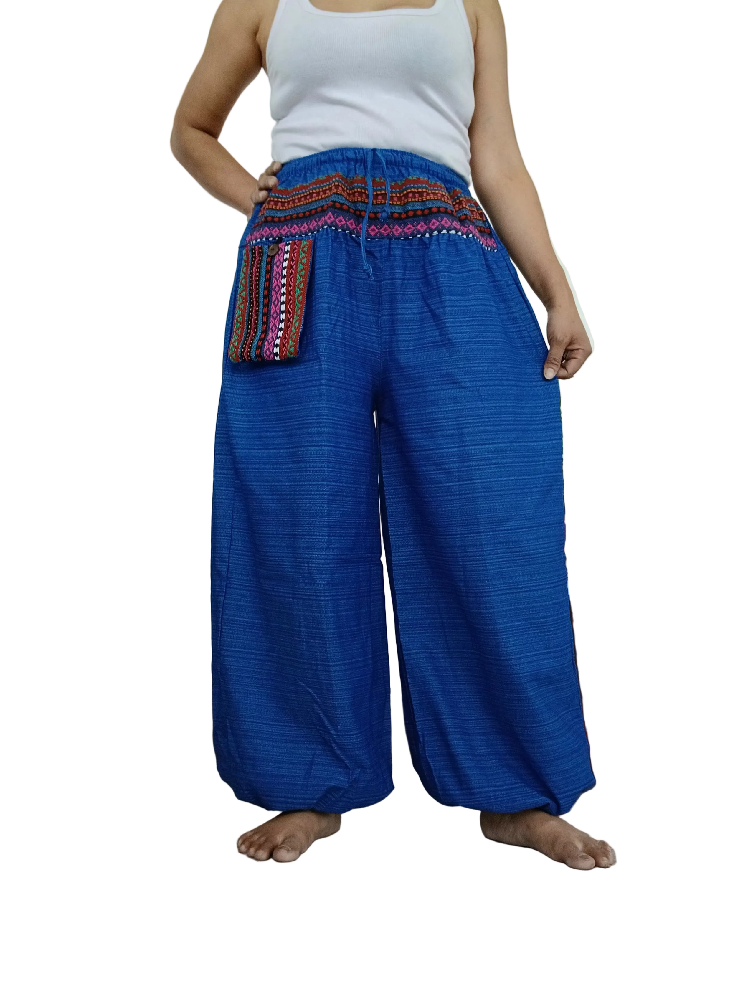 Cotton blue Boho hippie Harem Pants baggy relaxed fit trousers with Ethnic Pocket – Size S–L