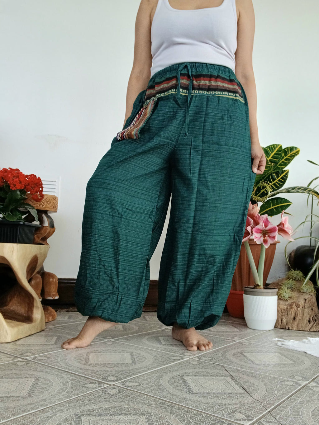 Darkgreen cotton Boho hippie Harem pants relaxed fit casual trousers one size fit 8-10-12 for unisex