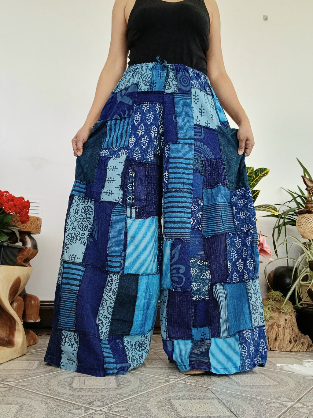 Blue patchwork wide leg Boho Palazzo Harem Pants baggy hippie trousers fit S M L