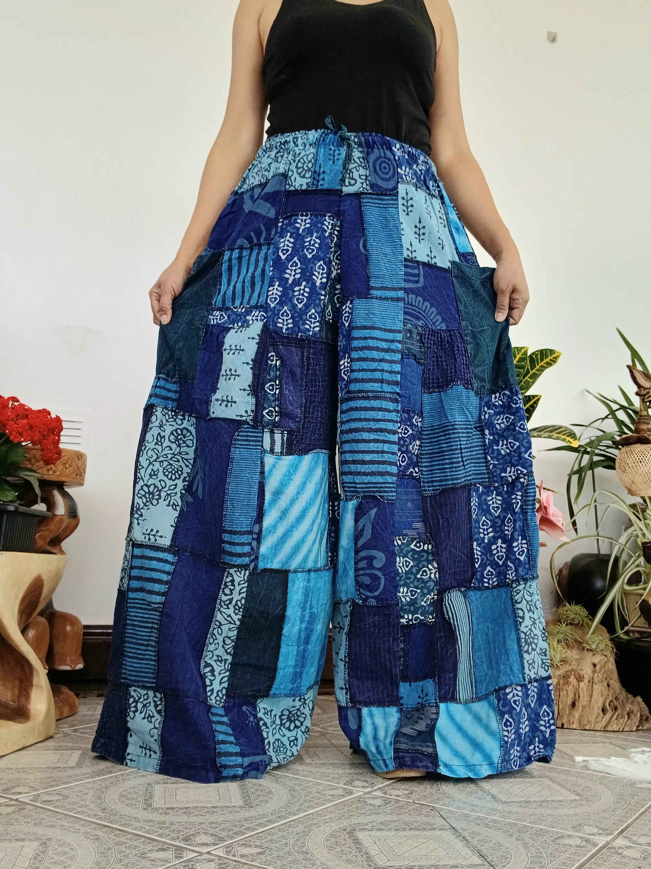 Blue patchwork wide leg Boho Palazzo Harem Pants baggy hippie trousers fit S M L