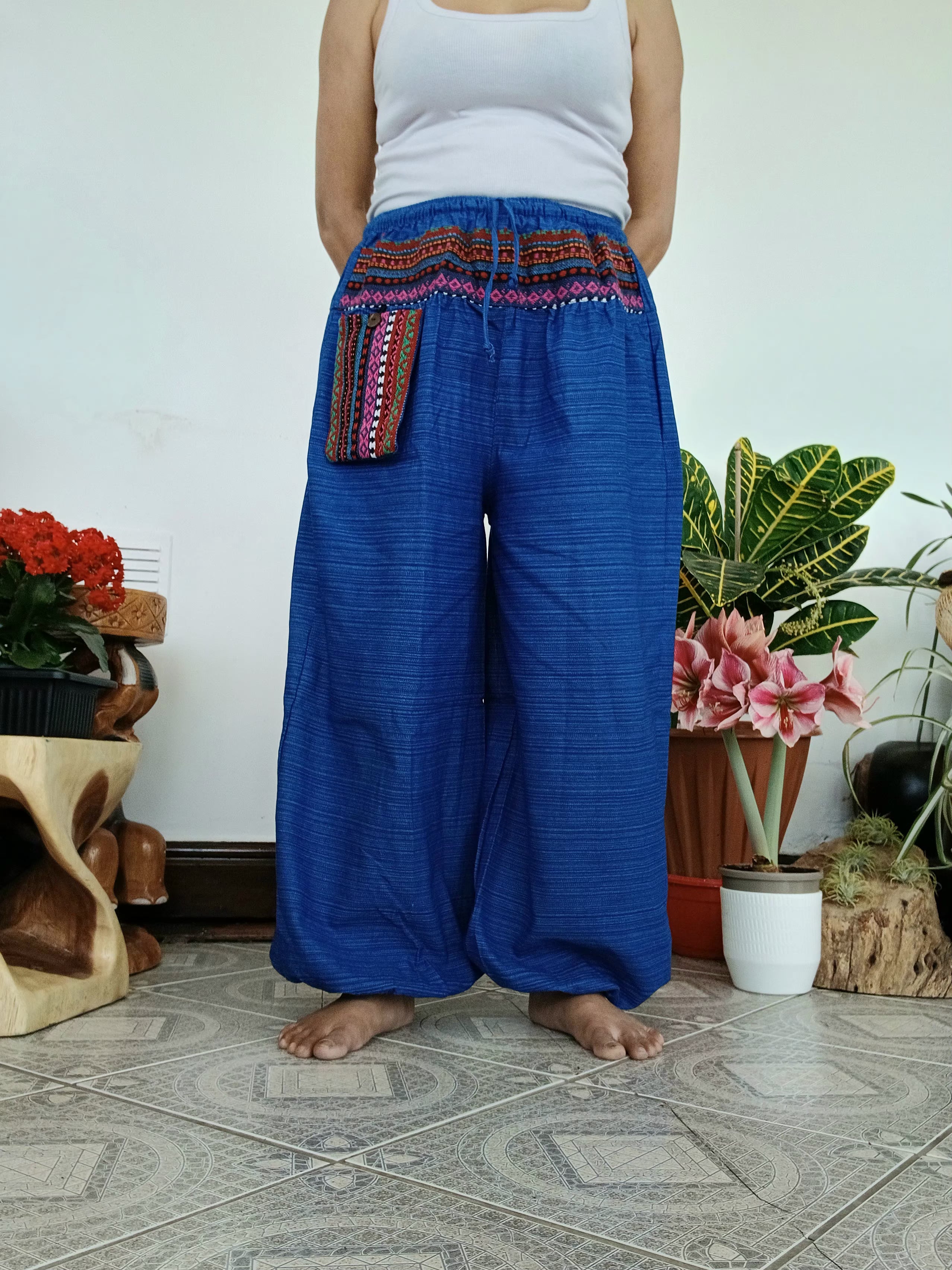 Cotton blue Boho hippie Harem Pants baggy relaxed fit trousers with Ethnic Pocket – Size S–L