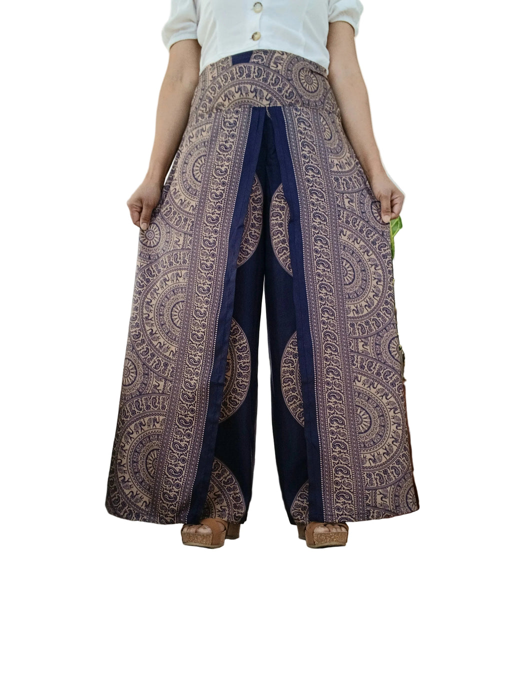 Navy beige Boho flowy elegant harem wrap-around style summer festival trousers one size fit 8-10-12