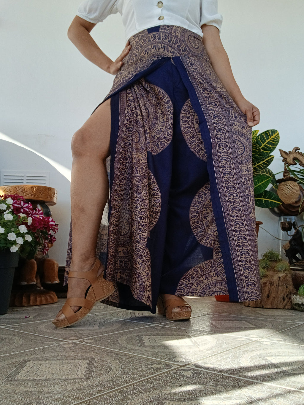 Navy beige Boho flowy elegant harem wrap-around style summer festival trousers one size fit 8-10-12