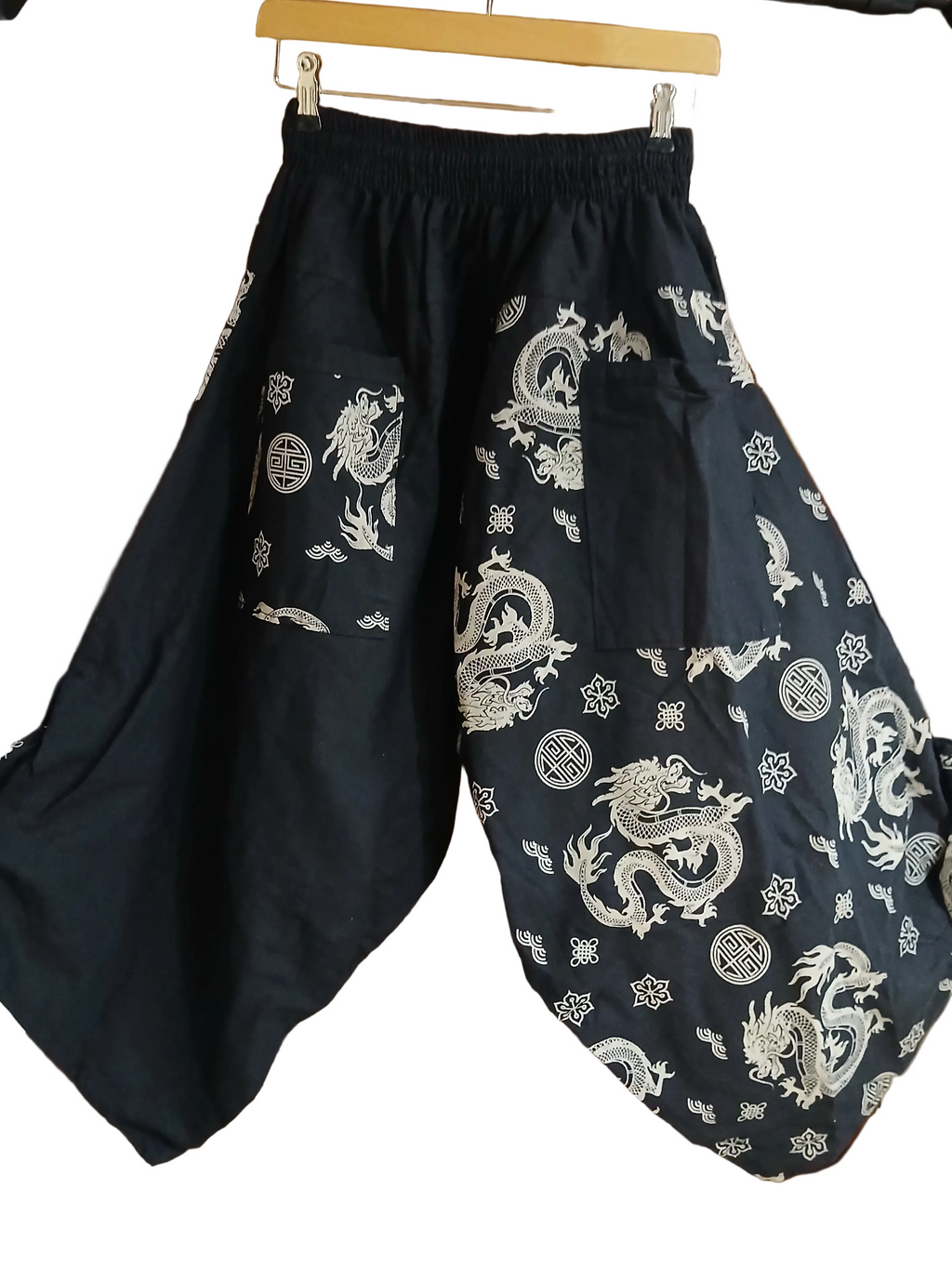 Black dragon print boho wide-leg culottes trousers relaxed fit yoga meditation pants One size fits 6-8-10