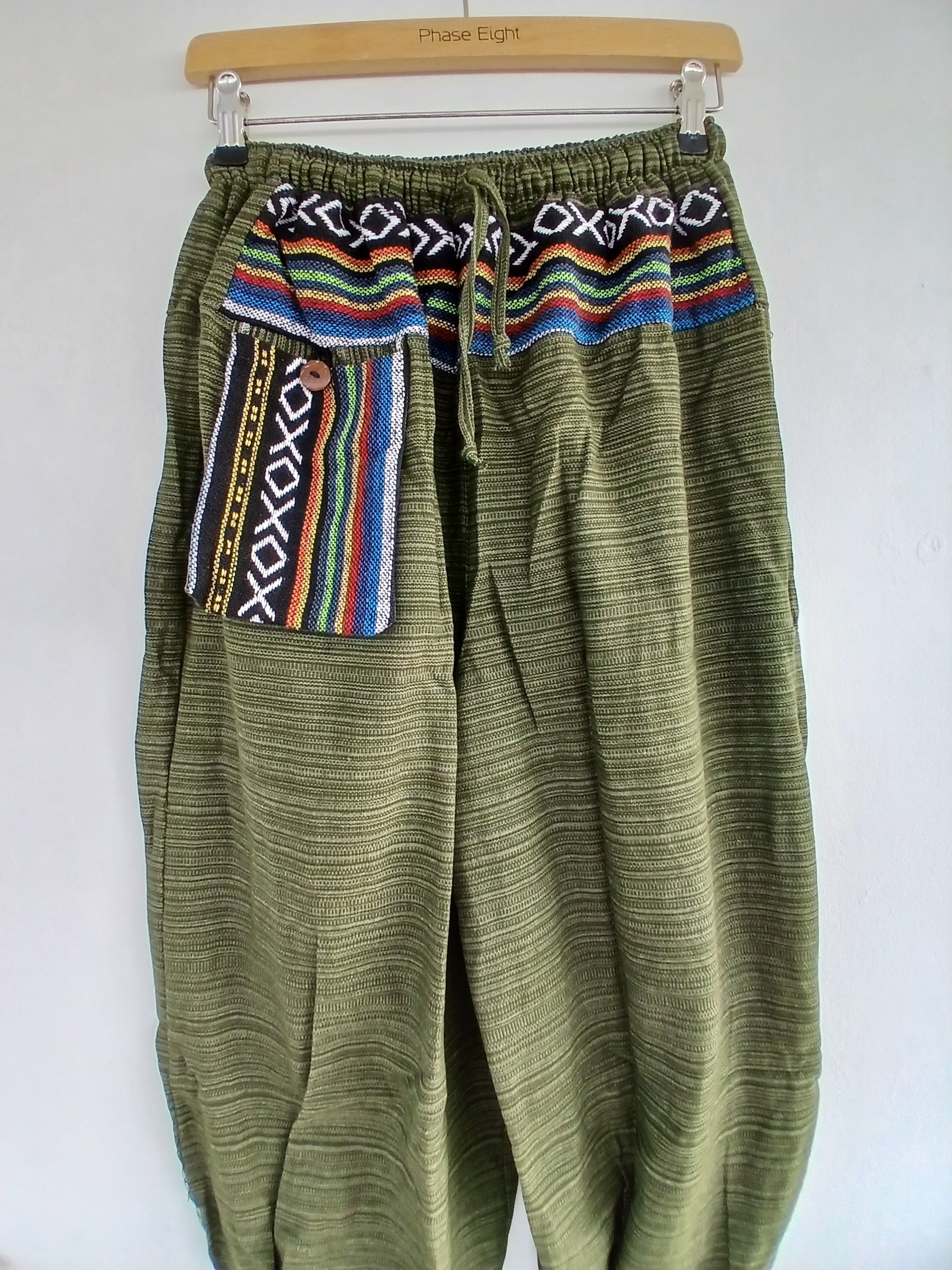 Boho Elasticated Harem Trousers Olive Green cotton woven
