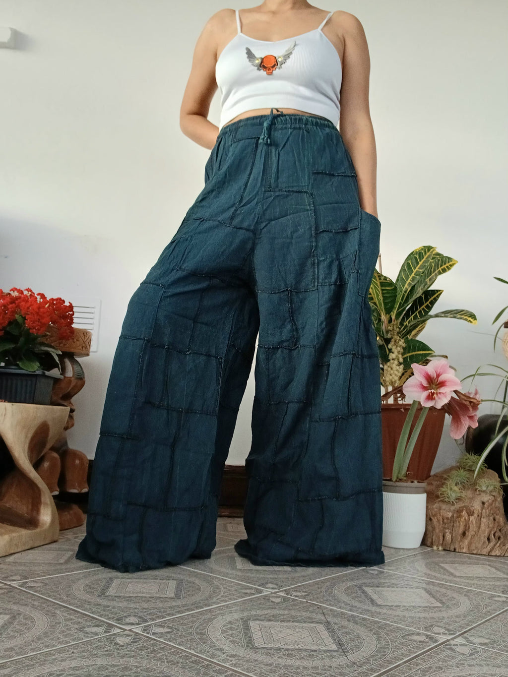 Cotton darkgreen turquoise patchwork Boho baggy harem pants wide leg palazzo flowy trousers for uk 8-10-12