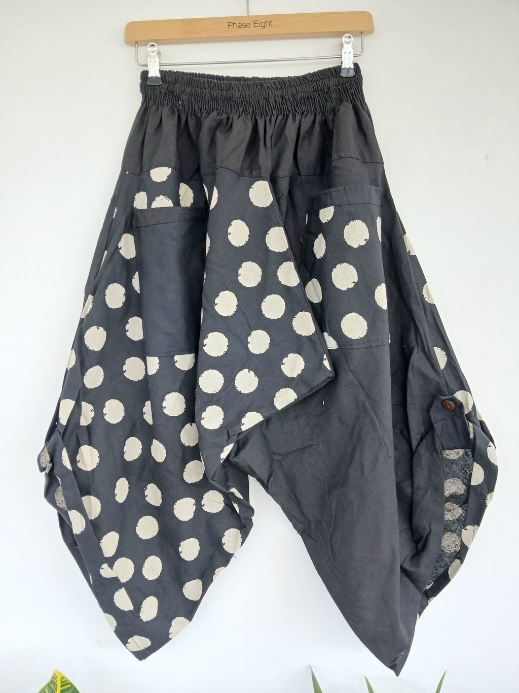 Cotton black with polka dot Ninja Samurai Style harem pants relaxed fit casual trousers one size fit 6-8-10