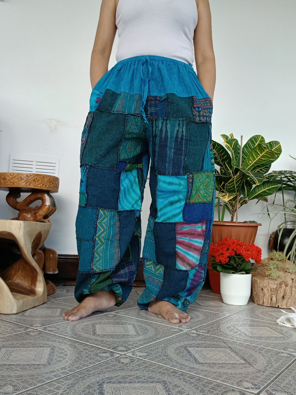 Blue green tones stonewash unique patchwork baggy boho harem pants hippie loose-fit trousers joggers