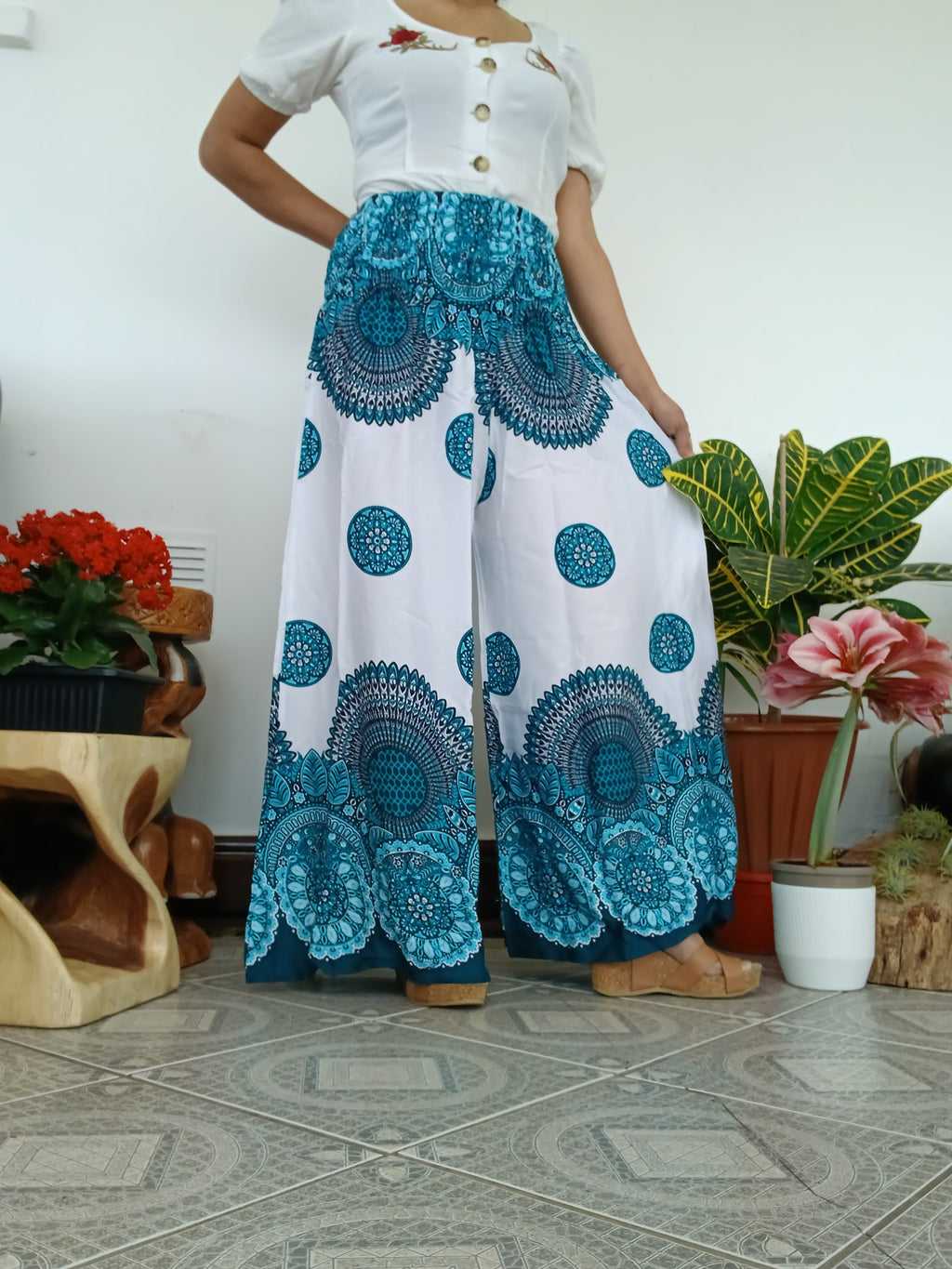 White turquoise Flowy Boho Festival Pants – High Waisted & Comfy Fit