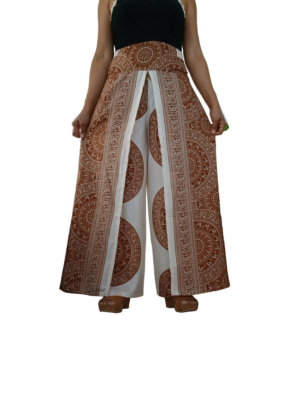 Cream brown bohemian wrap-around style summer festival trousers elegant flowy harem pants One size fits 8-10-12