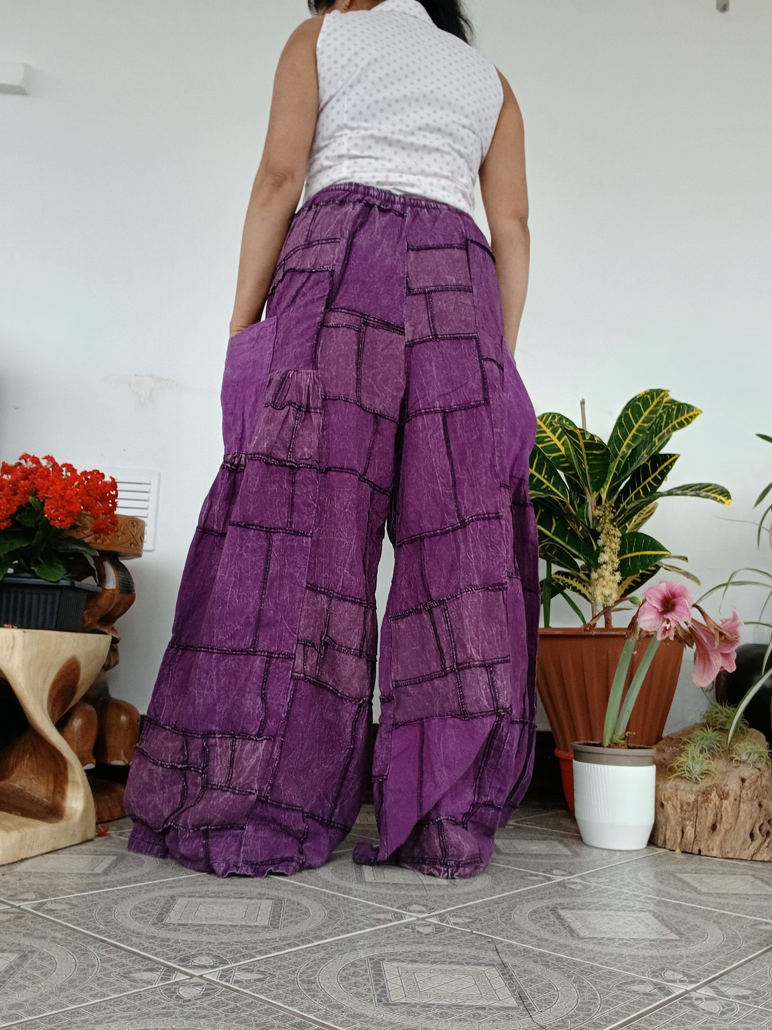 Cotton purple patchwork wide leg palazzo flowy trousers baggy hippie Boho pants One size fits 8-10-12