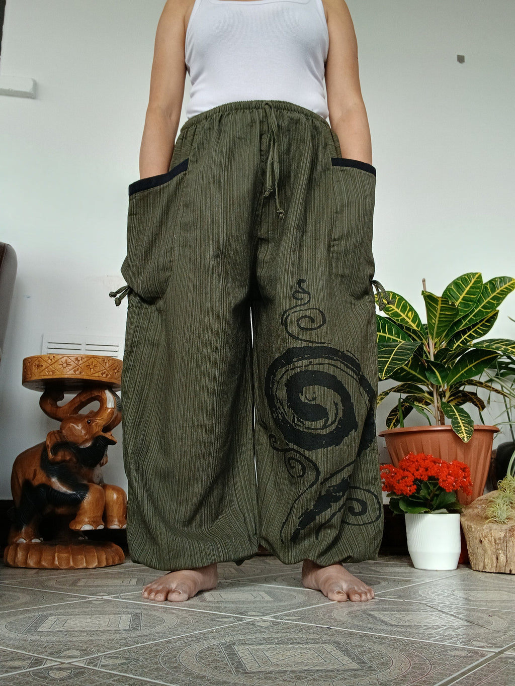 Cotton olive green Boho loose-fit harem pants baggy hippie poofy trousers joggers for unisex