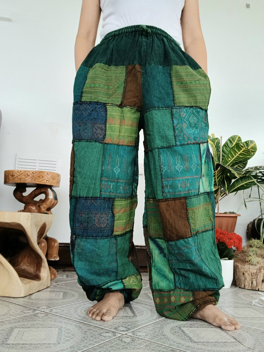 Cotton stonewash Emerald tones patchwork Boho baggy loose-fit trousers joggers harem hippie pants for unisex