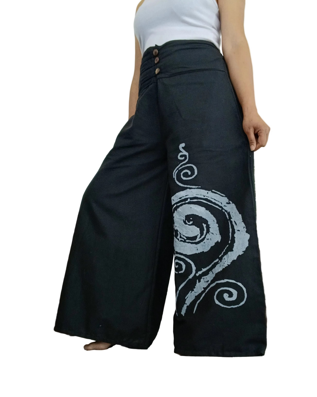 Black cotton baggy boho high-waisted trousers wide leg palazzo flowy harem pants One size fit 8-10-12