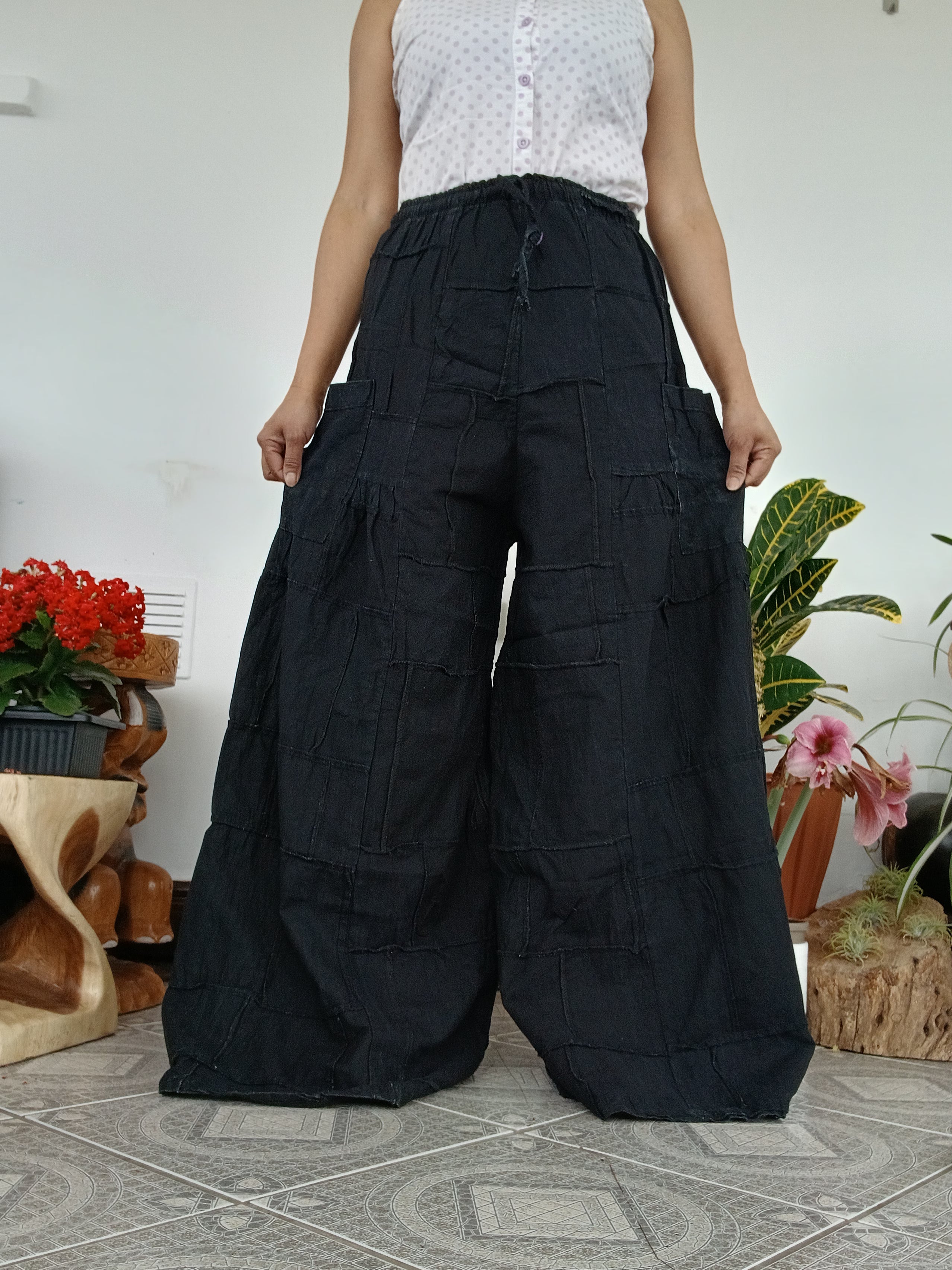 Patchwork Boho Wide-Leg Palazzo Pants – Stonewashed black Cotton one size fit 8-10-12