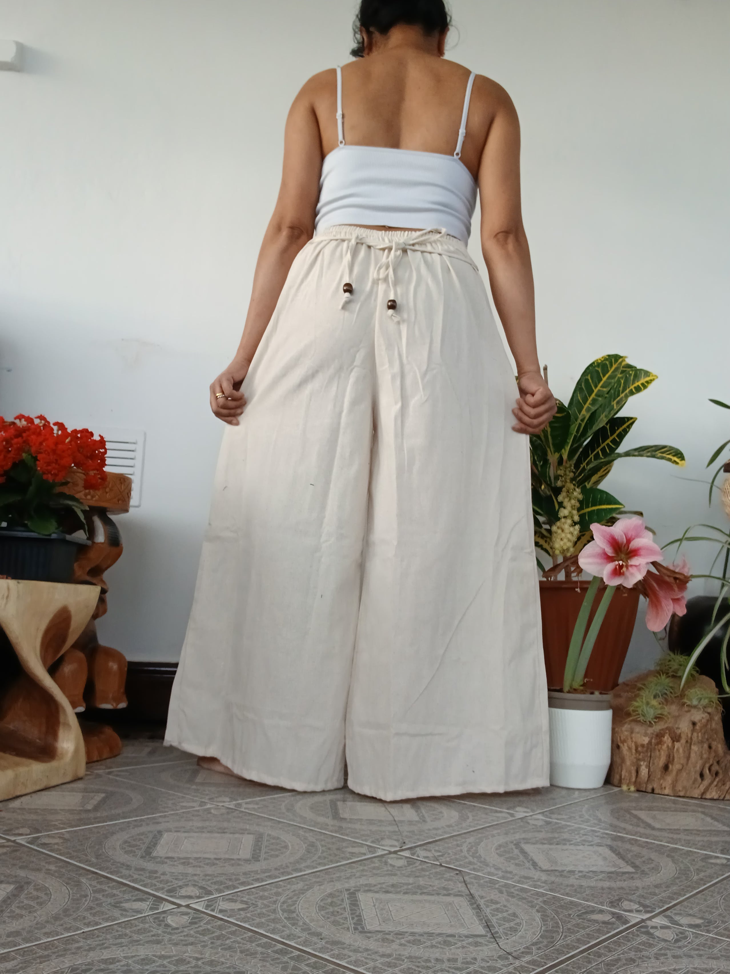 Cotton Cream with spiral print Boho wide-leg elegant culottes palazzo pants One size fits 8-10-12
