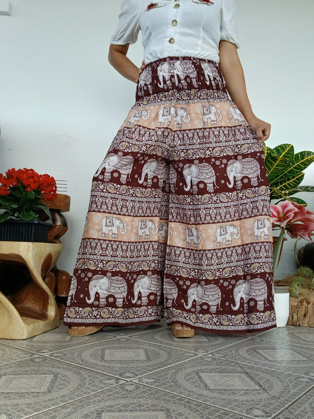 Brown elephant print wide leg elegant flowy high-waisted boho trousers Palazzo Harem Pants