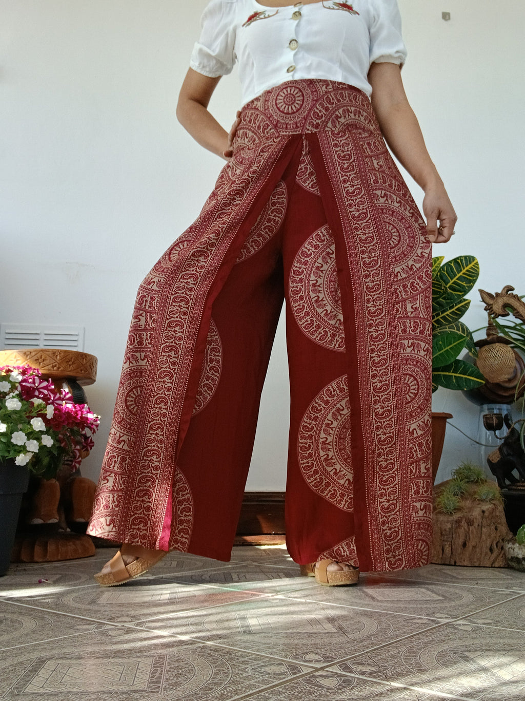 Red burgundy bohemian elegant flowy harem pants beautiful festival holiday trousers one size fit 8-10-12