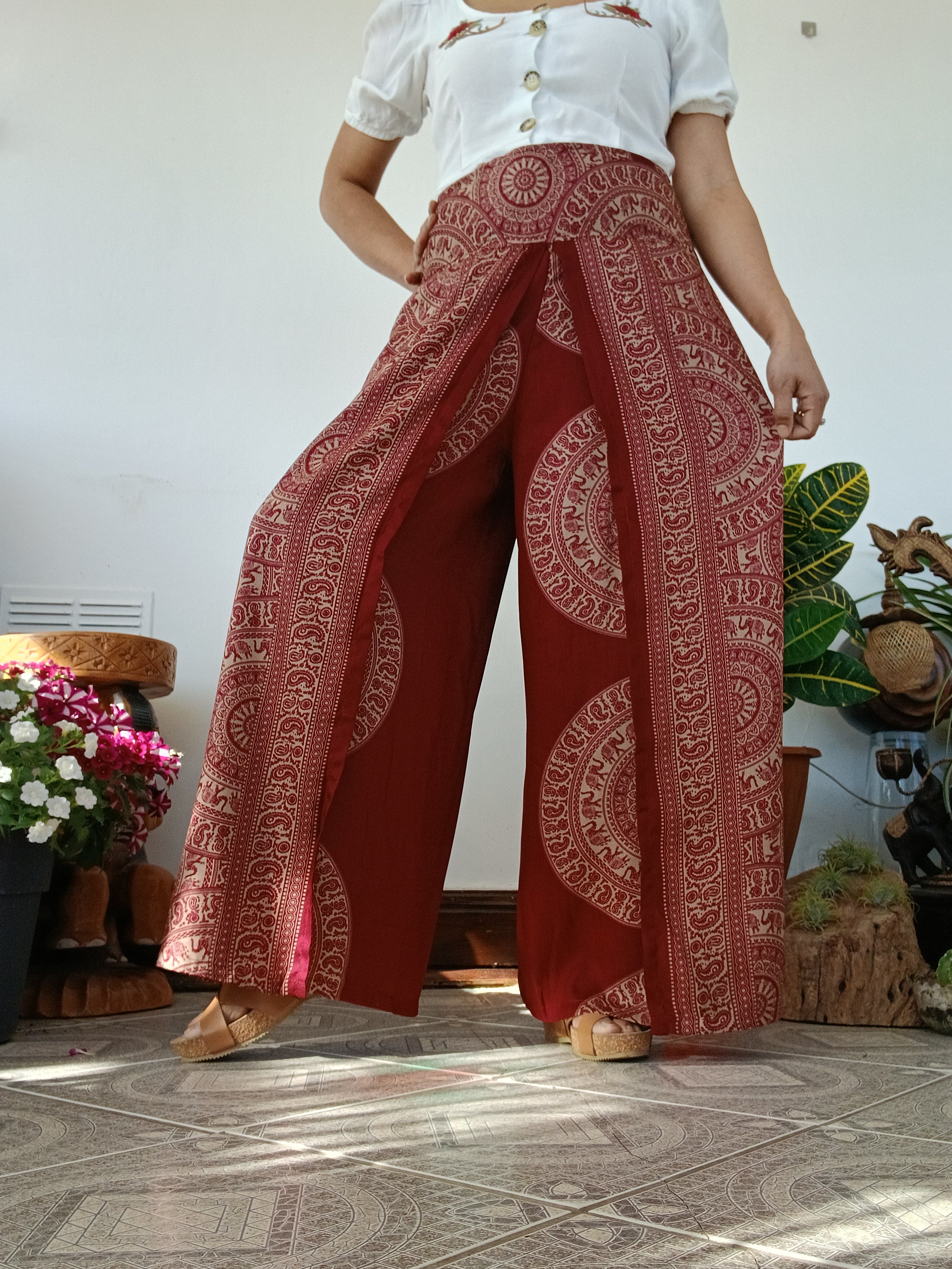 Red burgundy bohemian elegant flowy harem pants beautiful festival holiday trousers one size fit 8-10-12