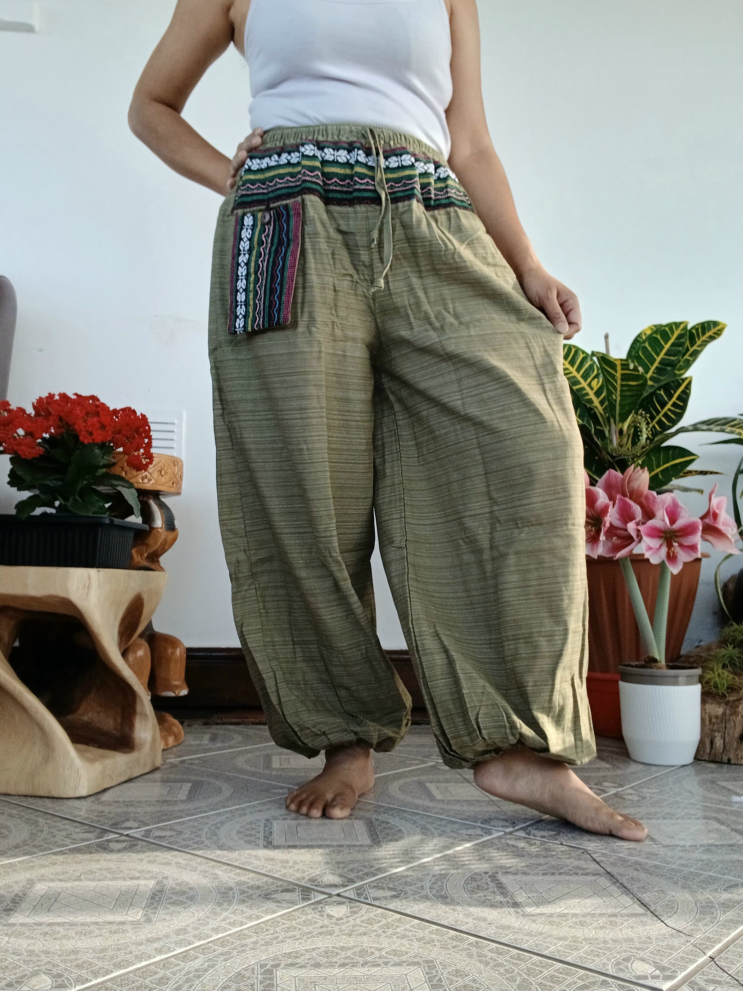 Boho Elasticated Harem Trousers Olive Green cotton woven