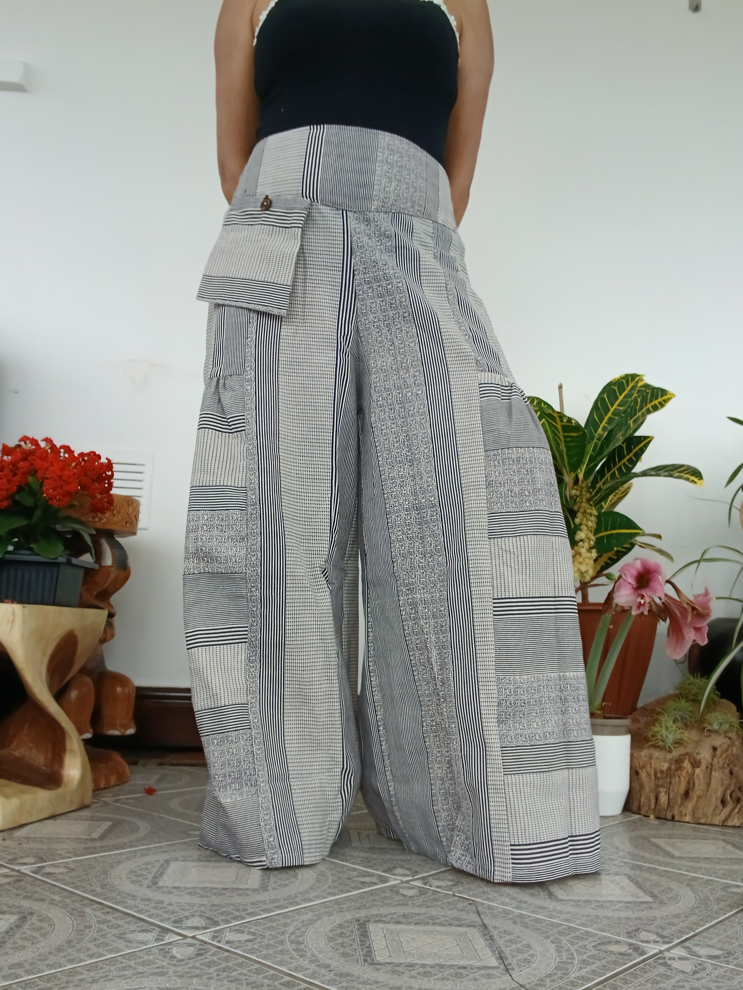 Cotton Cream patchwork Boho Wide-Leg Palazzo elegant Pants baggy hippie Harem Trousers one size fits 8-10-12