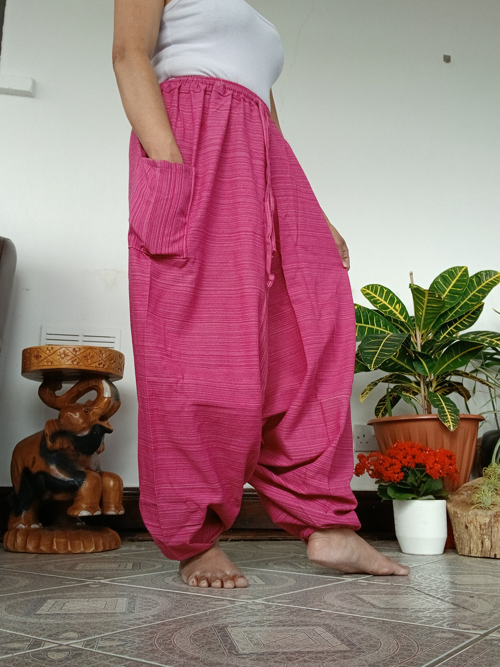 Cotton pink wide leg harem pants baggy hippie Boho relaxed fit yoga meditation Aladdin trousers