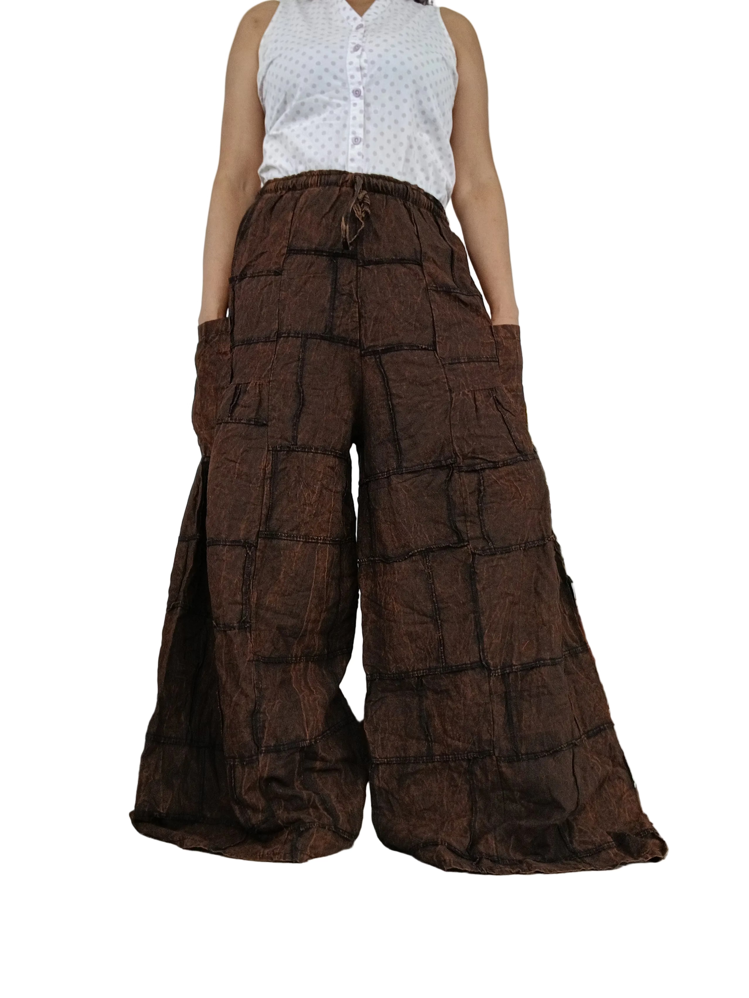 Plain Brown patchwork boho harem pants hippie baggy relaxed fit trousers one size fit 8-10-12