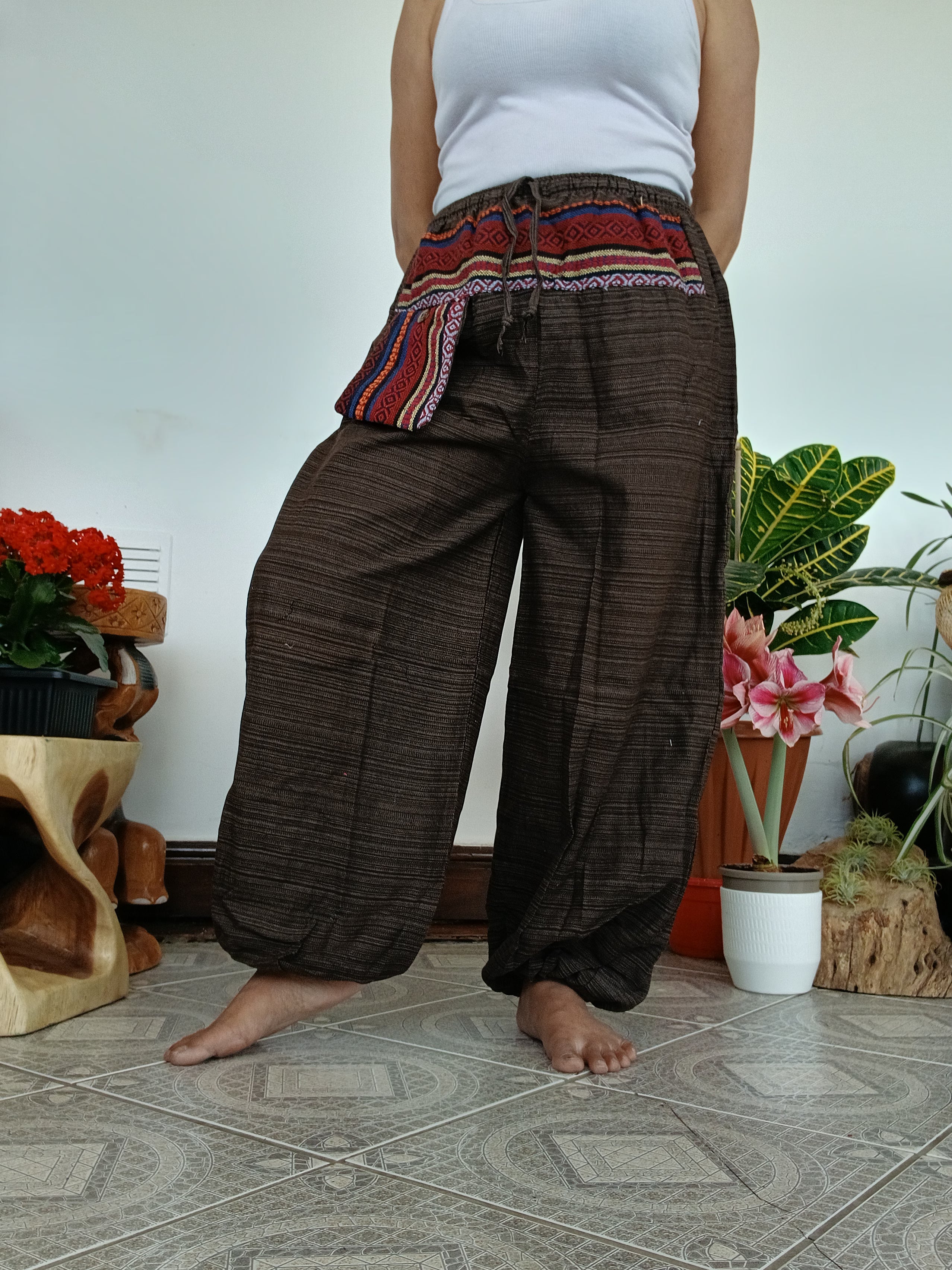 Unisex Brown cotton woven hippie Boho harem pants baggy relaxed fit trousers one size for S M L