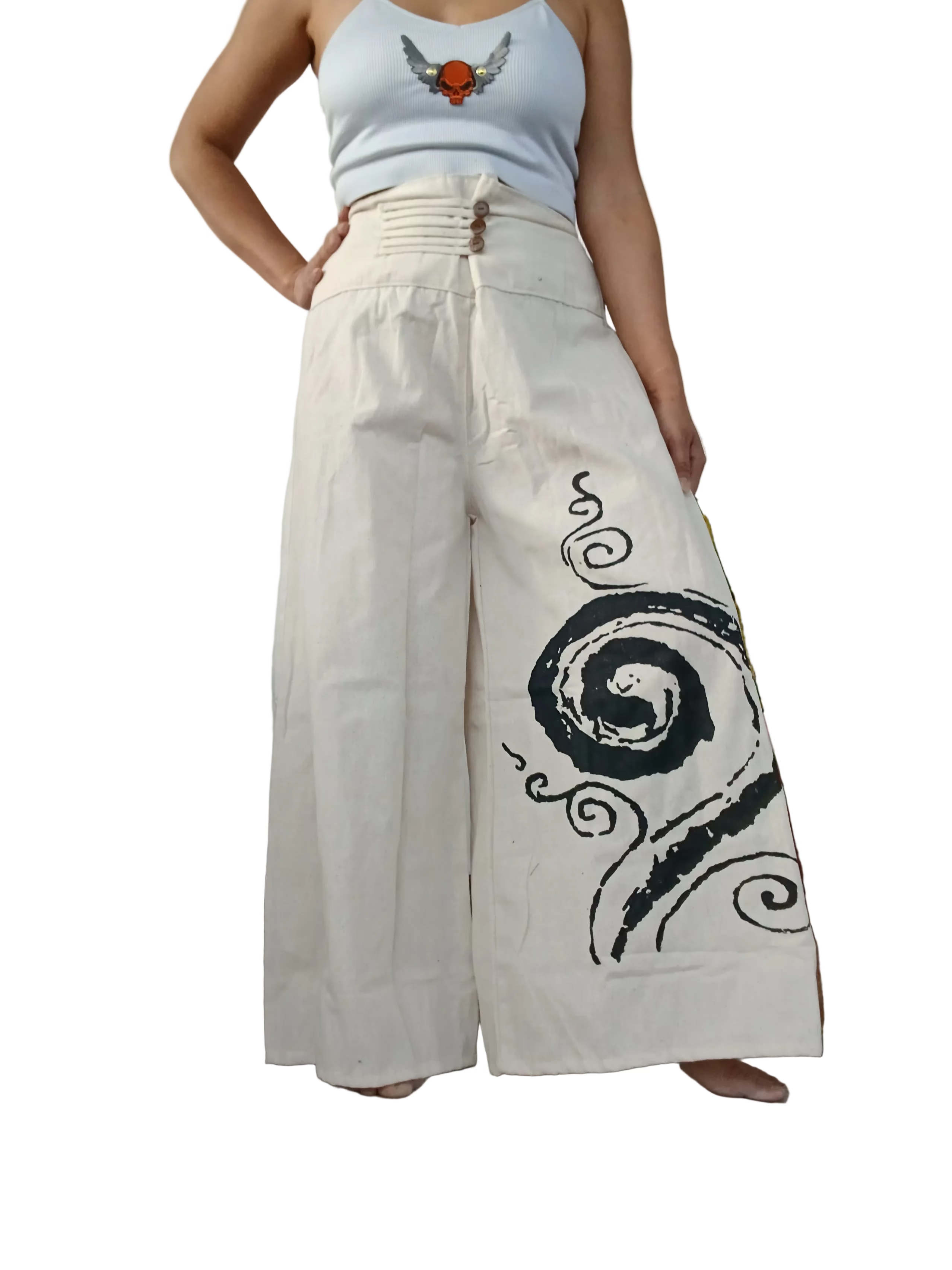 Cotton Cream with spiral print Boho wide-leg elegant culottes palazzo pants One size fits 8-10-12