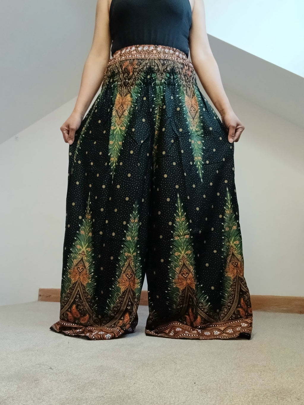 Darkgreen Boho High-Waisted trousers wide-leg elegant flowy harem pants