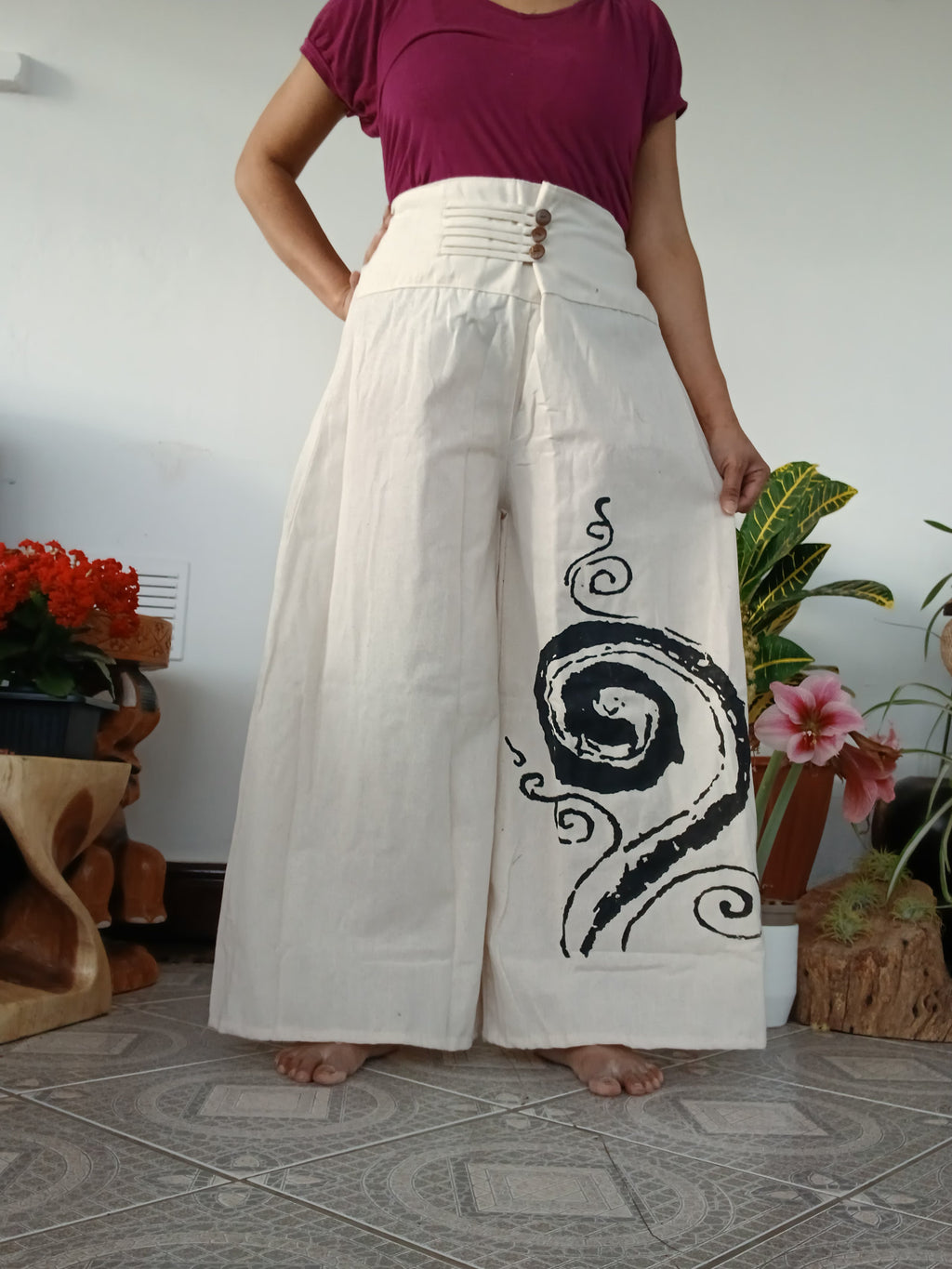 Cotton Cream with spiral print Boho wide-leg elegant culottes palazzo pants One size fits 8-10-12