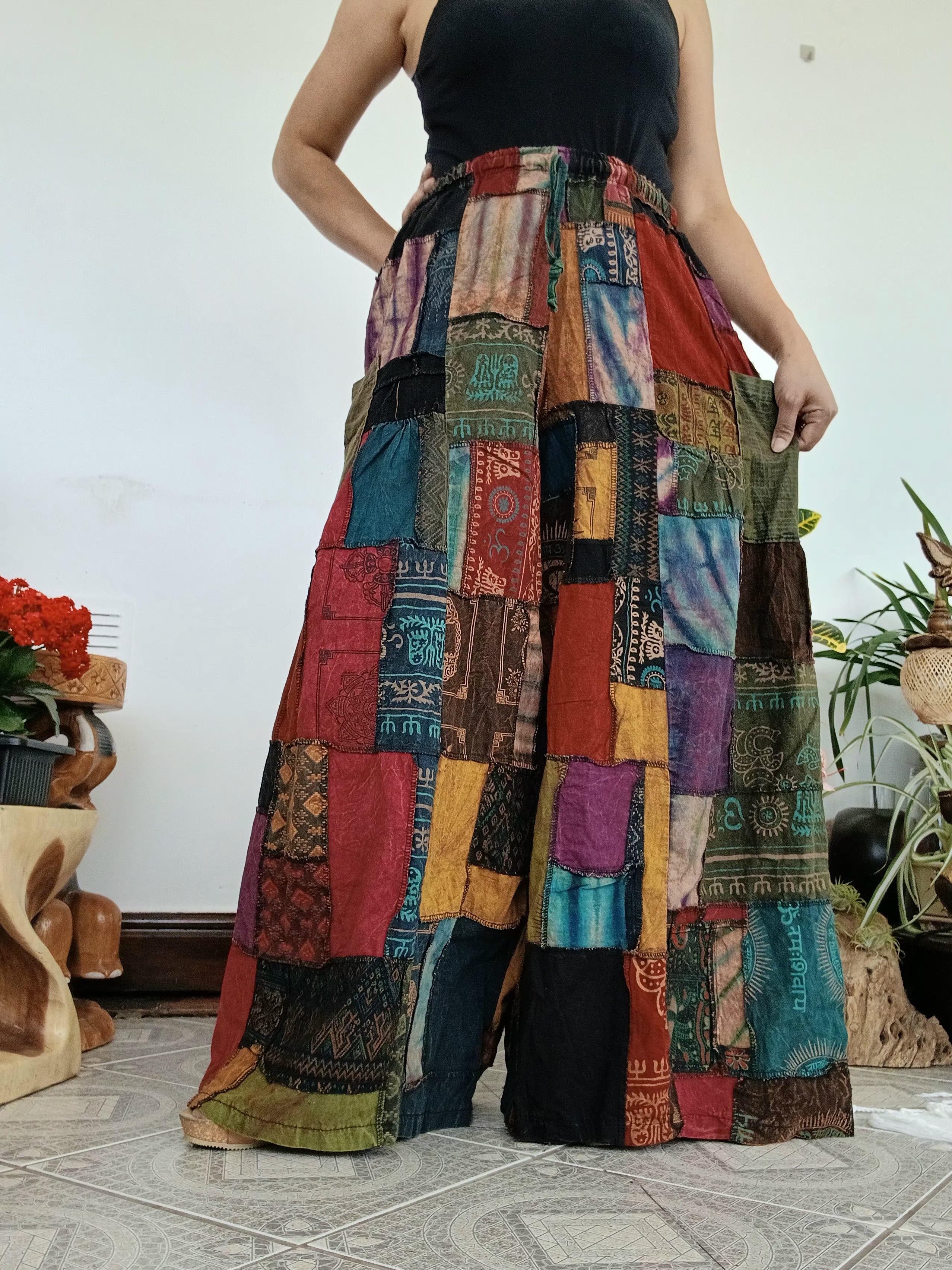 Brown tones patchwork Boho baggy harem pants wide leg palazzo flowy trousers one size fit 8-10-12