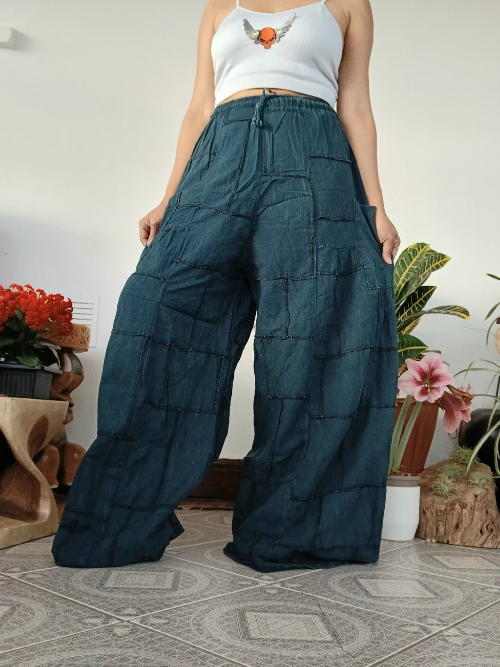 Cotton darkgreen turquoise patchwork Boho baggy harem pants wide leg palazzo flowy trousers for uk 8-10-12