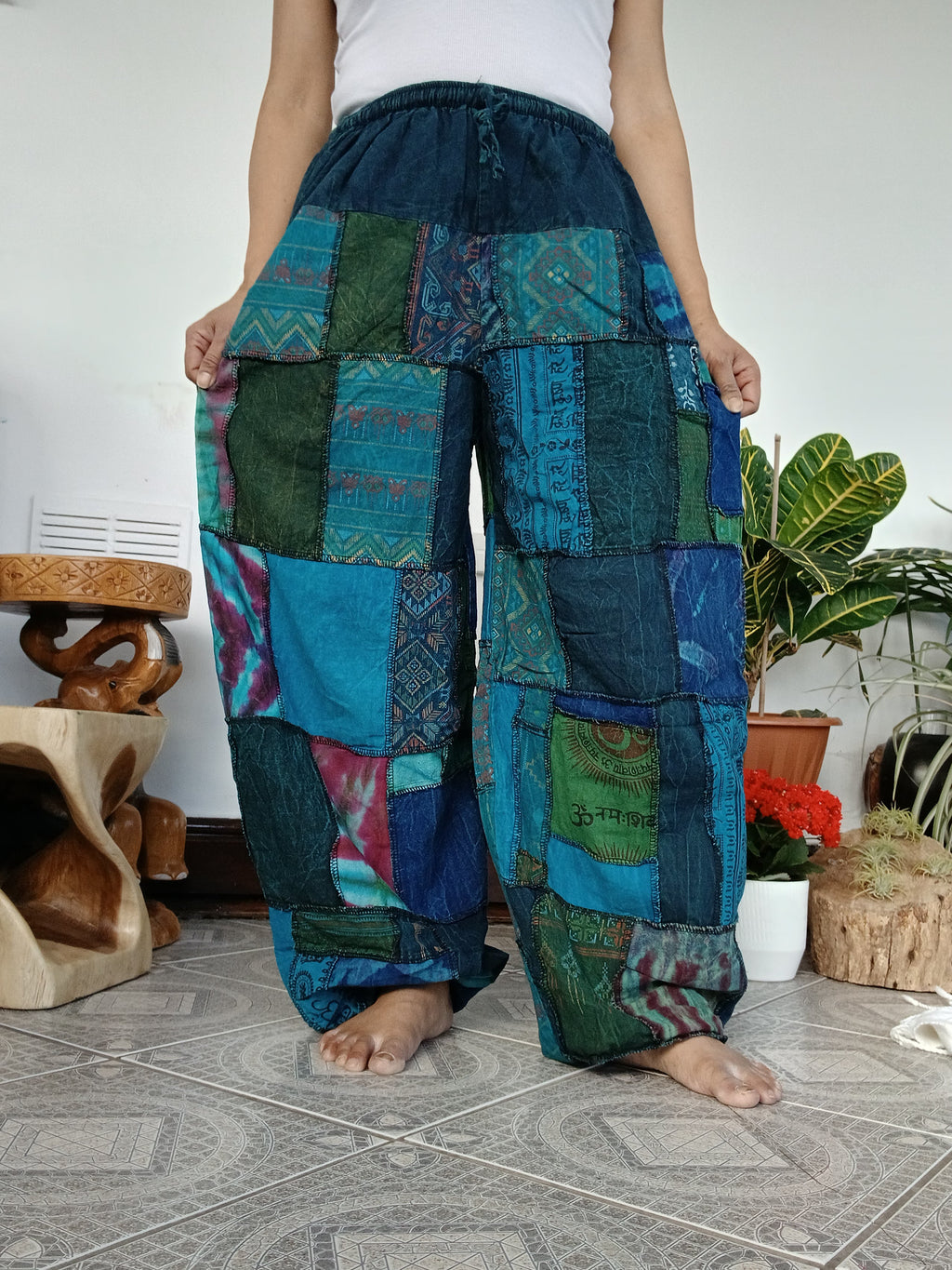 Blue green tones stonewash unique patchwork baggy boho harem pants hippie loose-fit trousers joggers