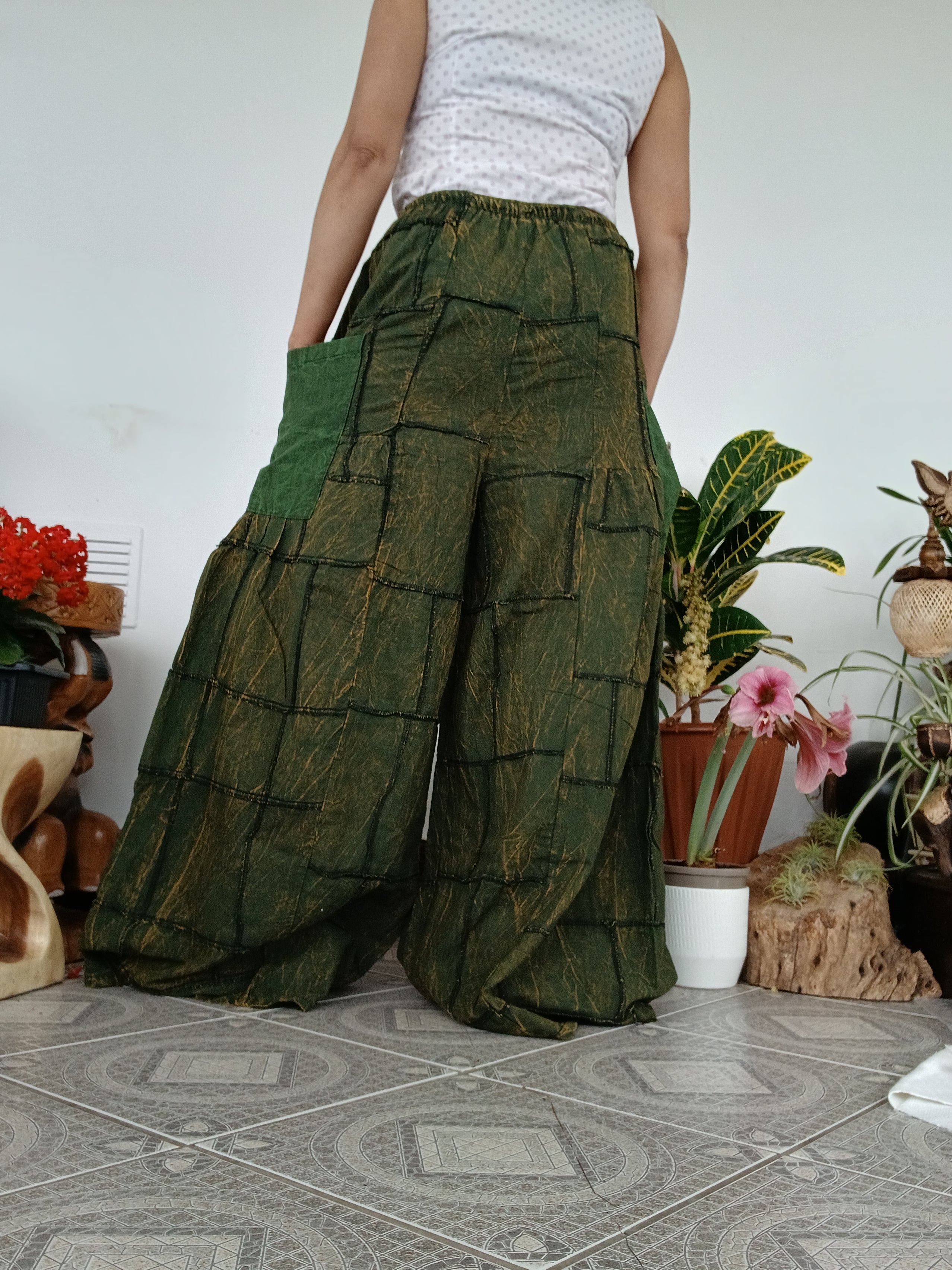 Olive Darkgreen Cotton patchwork baggy Palazzo Harem Pants Boho Wide-Leg trousers one size