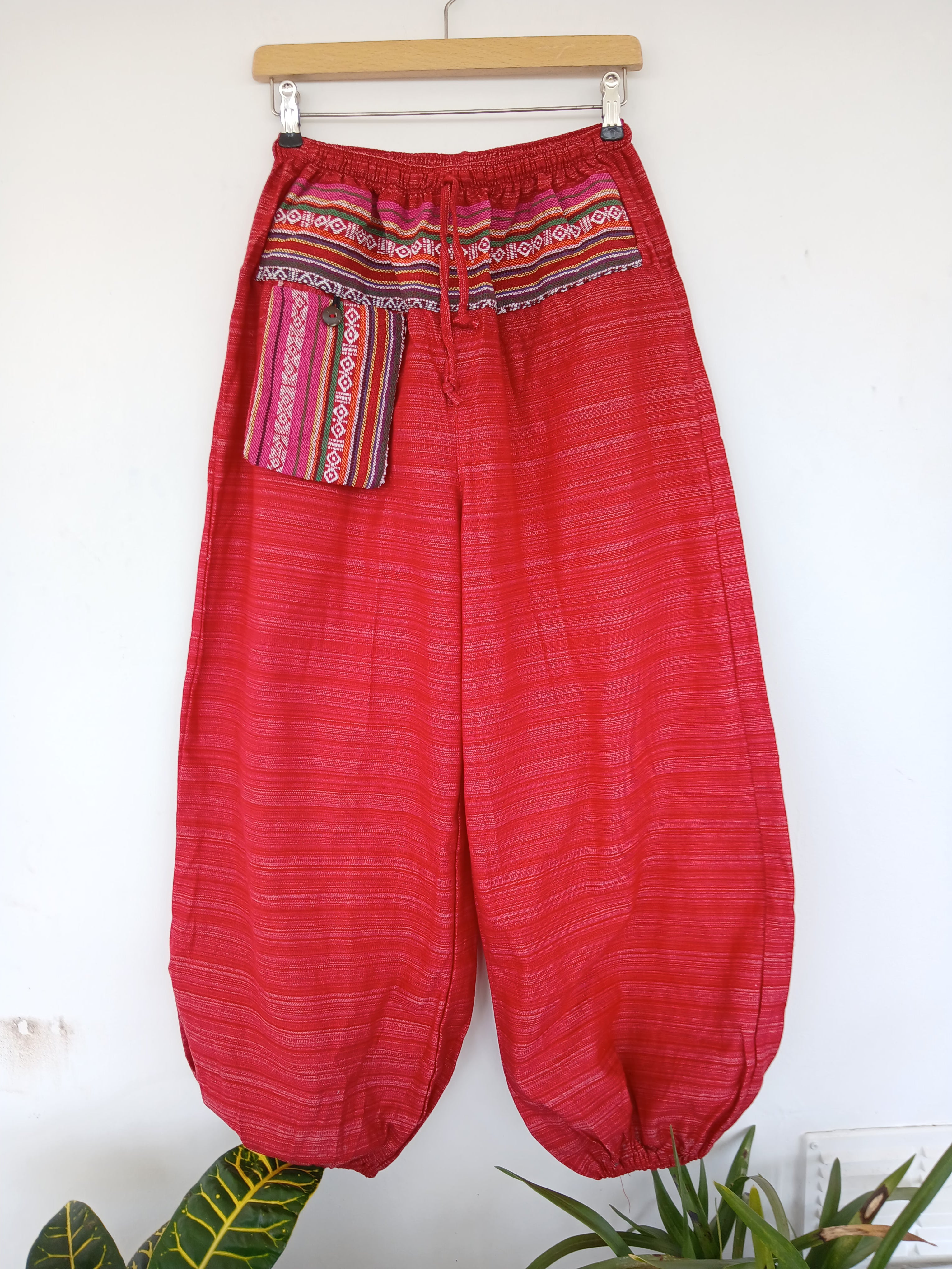 Cotton red Boho baggy hippie Harem Pants with Ethnic Pocket – Size S–L